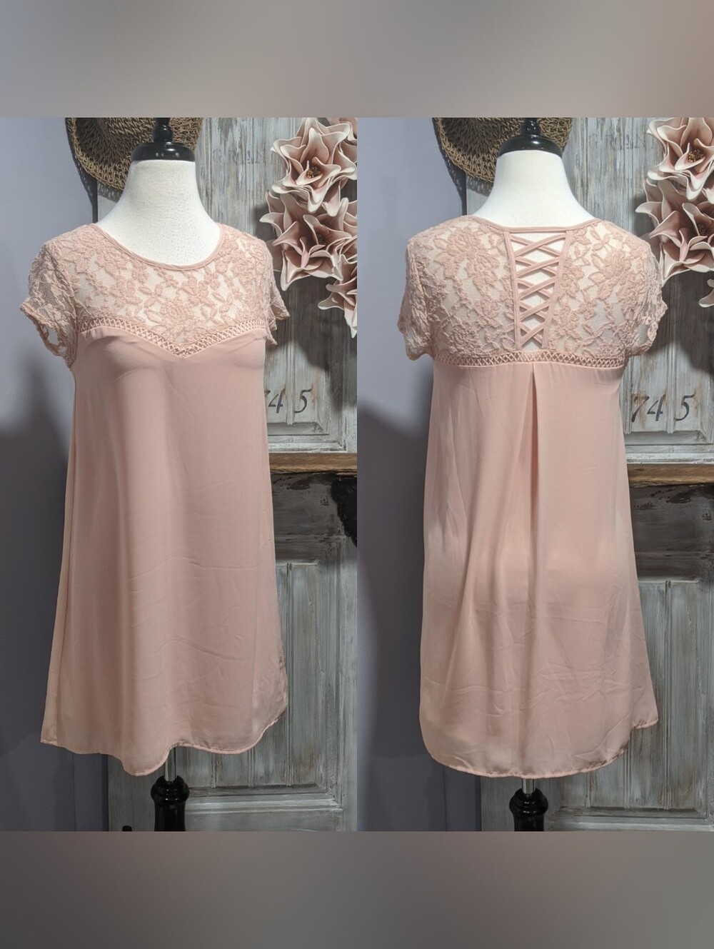 NWOT Almost Famous Blush Pink Lace Yoke Dress